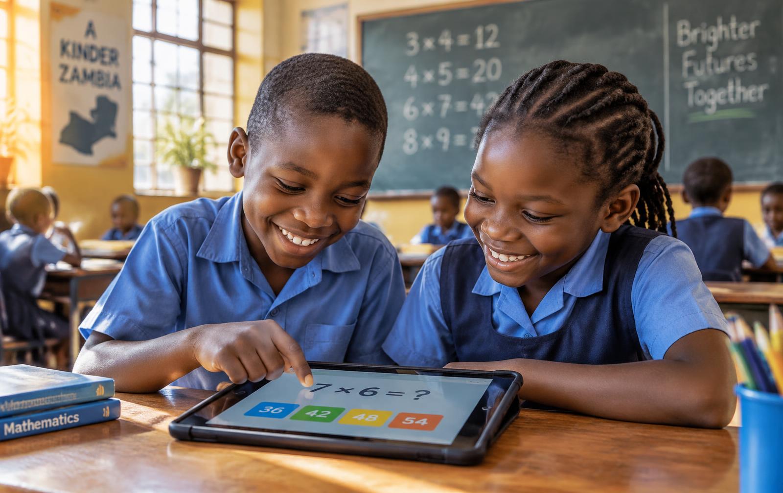 Two Zambian pupils smiling while practising times tables on a tablet